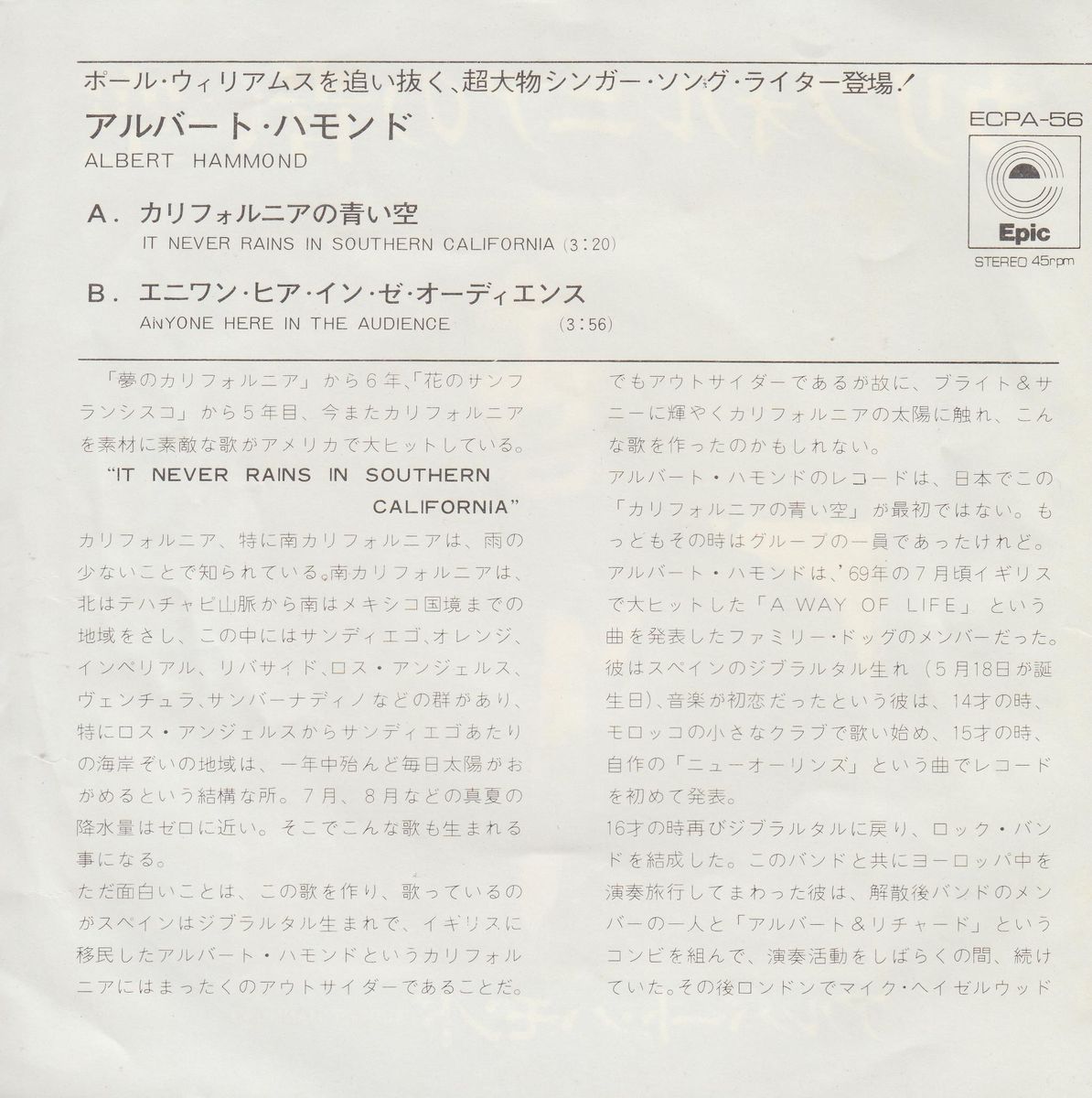 Albert Hammond – It Never Rains In Southern California (Japan)